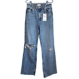 NWT Zara Wide Leg Full Length Extra High Rise Distressed Denim Jean Size 8